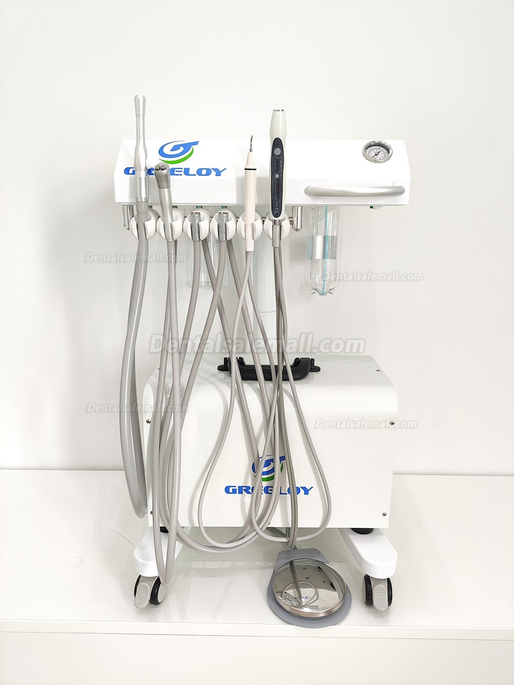 Greeloy Mobile Dental Cart Unit GU-P302 with Air Compressor GA-P300+ Curing Light+ Scaler Handpiece